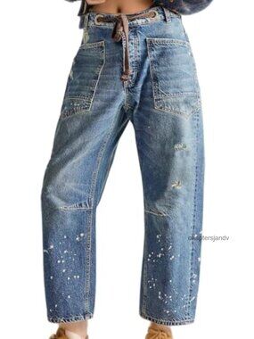 Womens Pull-On Barrel Jeans Drawstring Elastic Waist Boyfriend Denim Pants